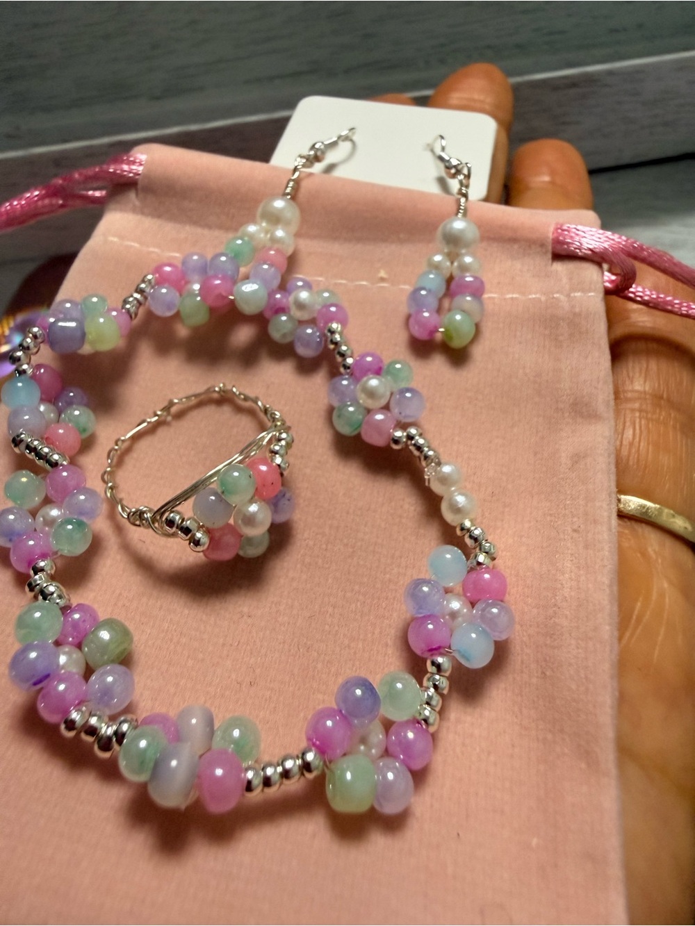 Pastel Bead Cluster Jewelry Set - Multicolor Bracelet, Ring & Earrings